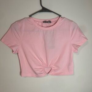 SHEIN Pink Short Sleeve Crop Top with Cut Out and Tie Front